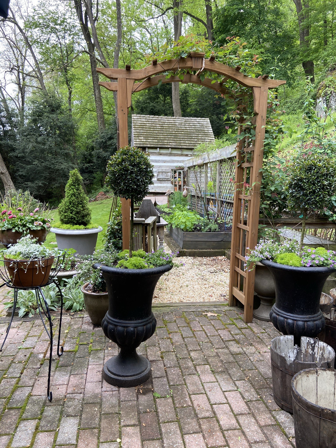 View of a patio and garden with many pots filled with plants