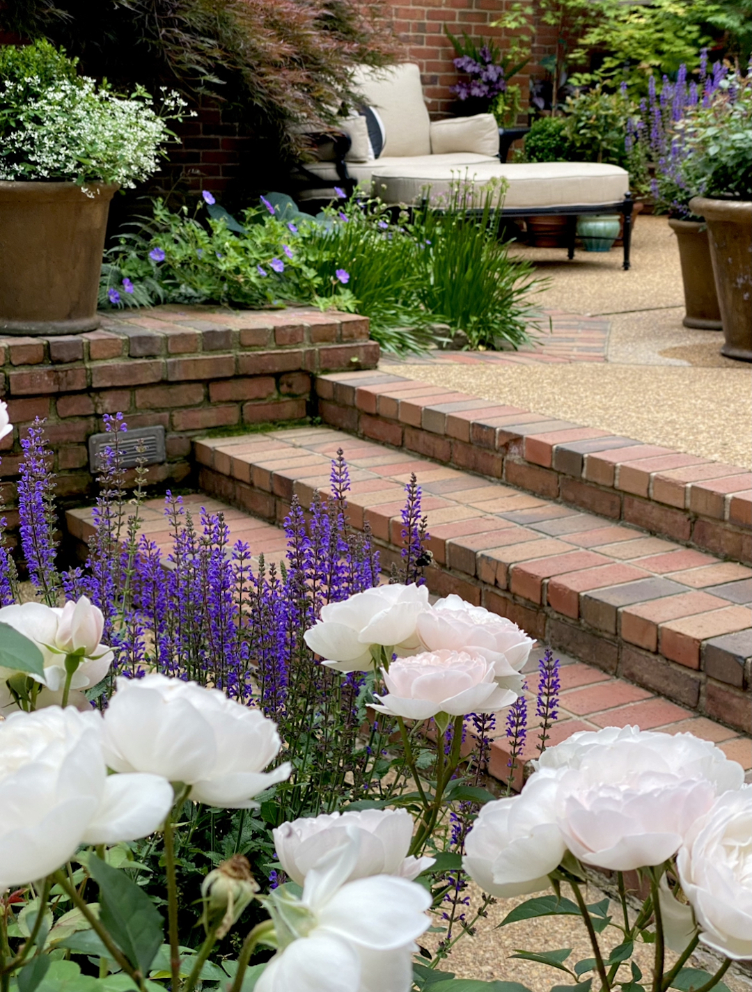 A view through flowers of a chair on a brick patio