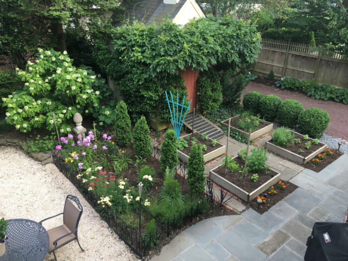 raised beds next to a fenced garden bed