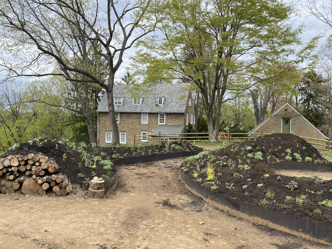 Mounded gardens with small plants just placed in them