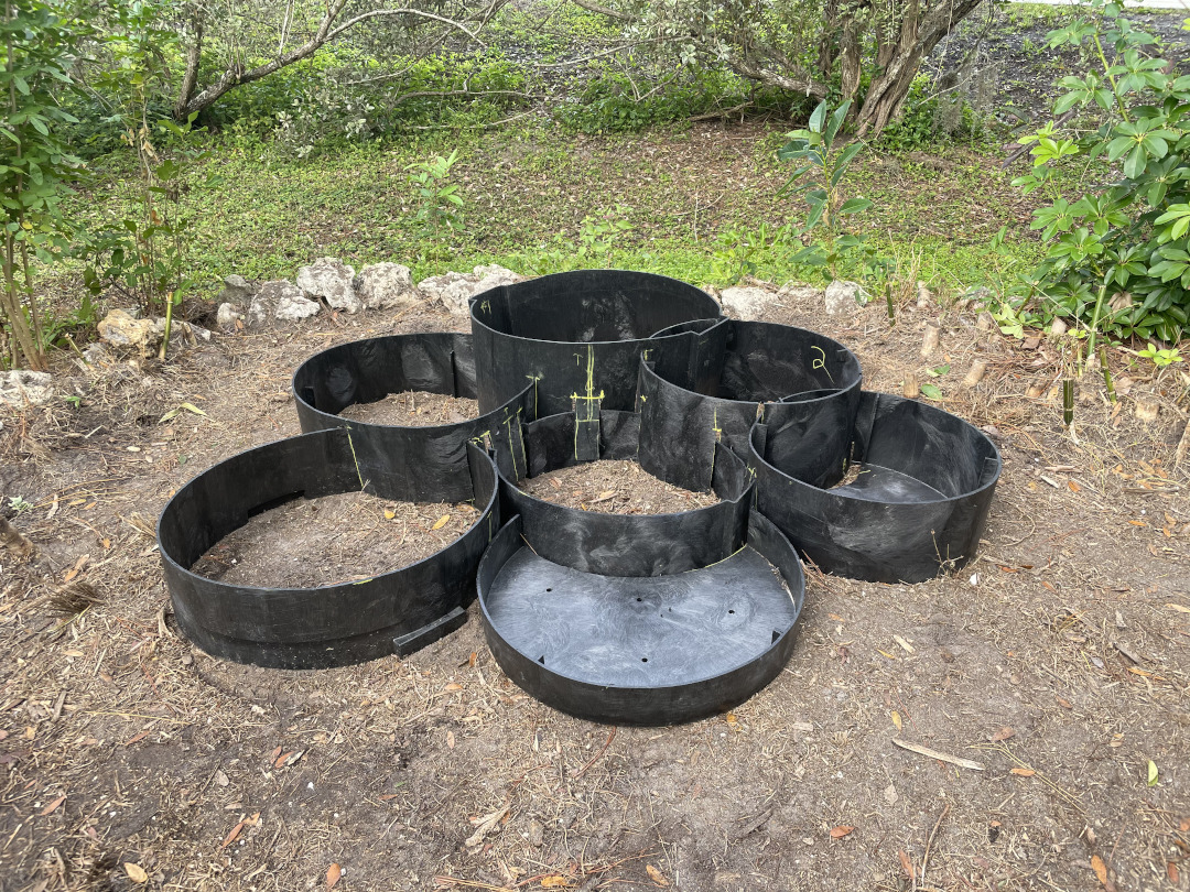 Black pastic rings arranged to make a layered garden bed