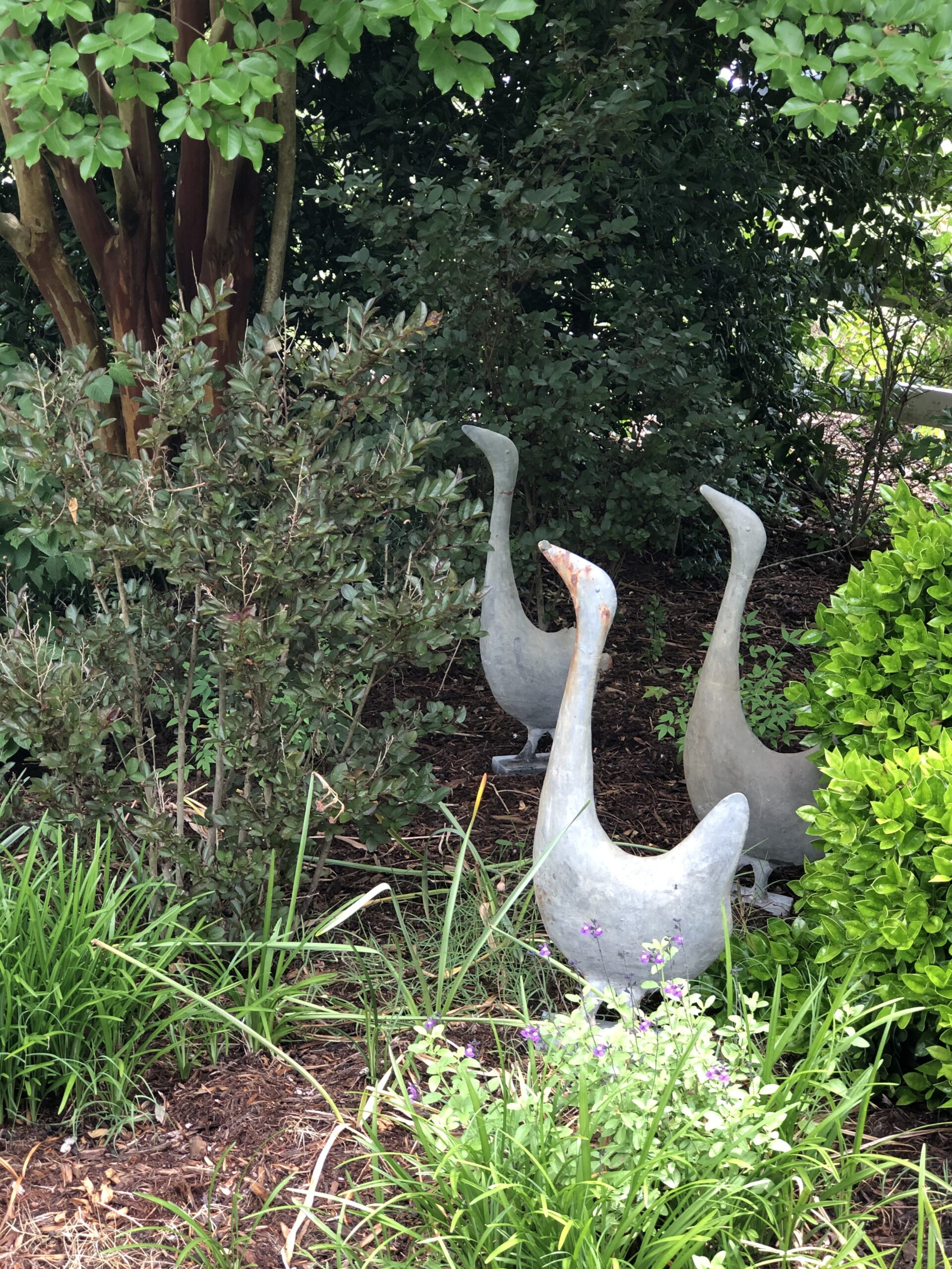 Three statues of geese in a garden