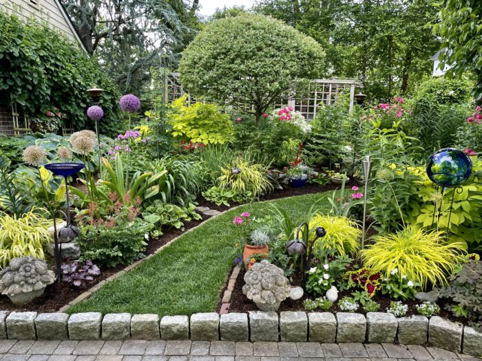 path leading between two garden beds full of golden plants