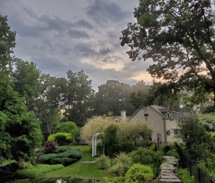 home and garden at sunset