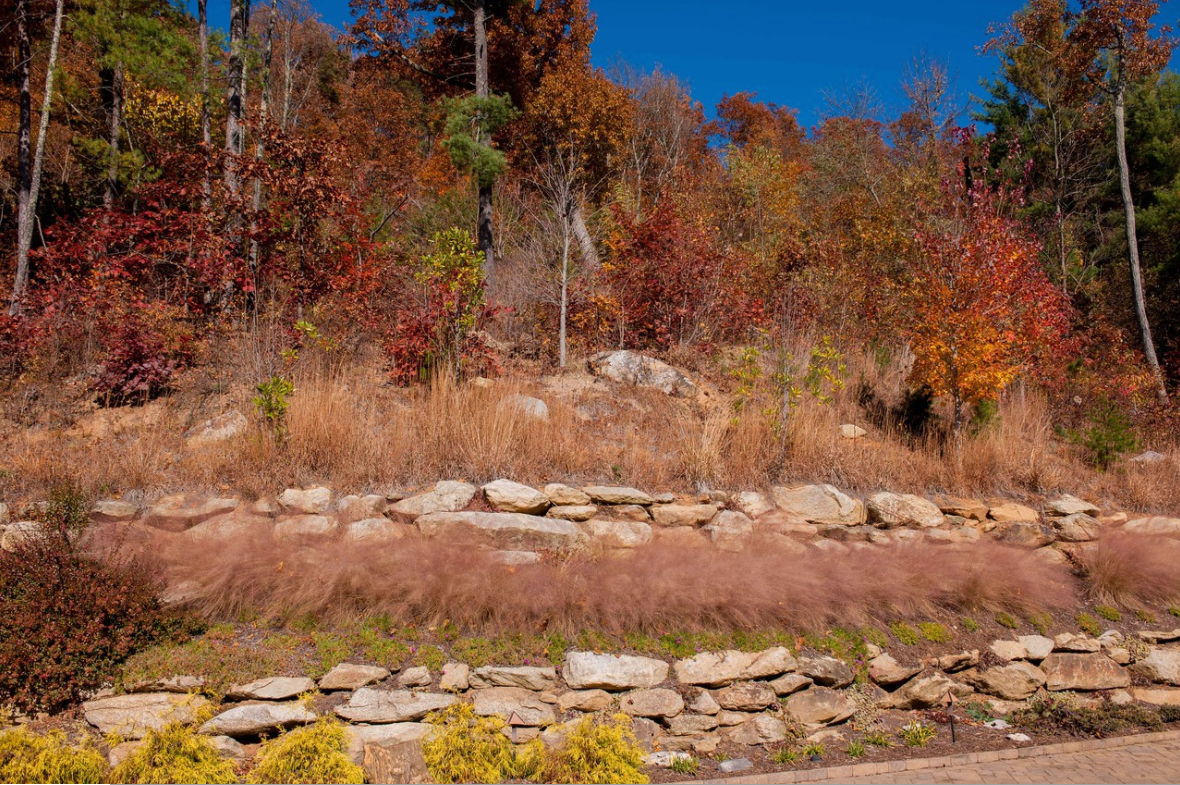 slope with retaining walls in fall