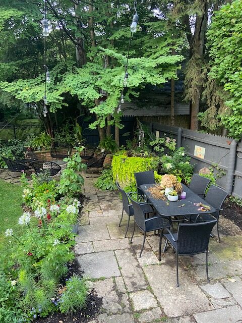 small garden patio with black table set