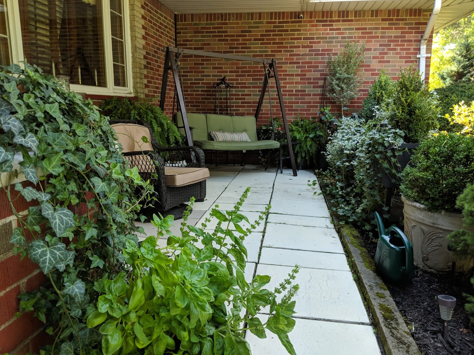 sitting area surrounded by planters