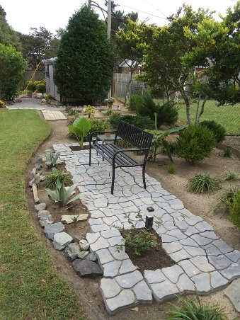 sitting area on stone pathway