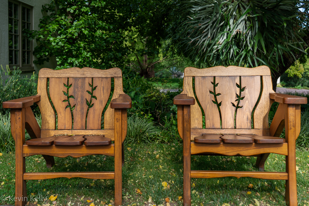 These chairs are made by the staff at Chanticleer from wood collected within the garden.