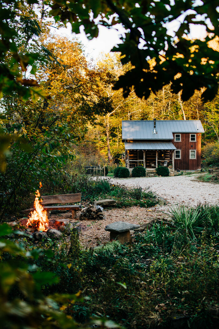 fire pit with view of the cabin