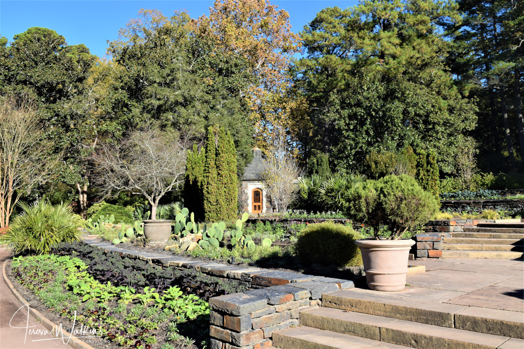 The historic terraces and pergola are in the background