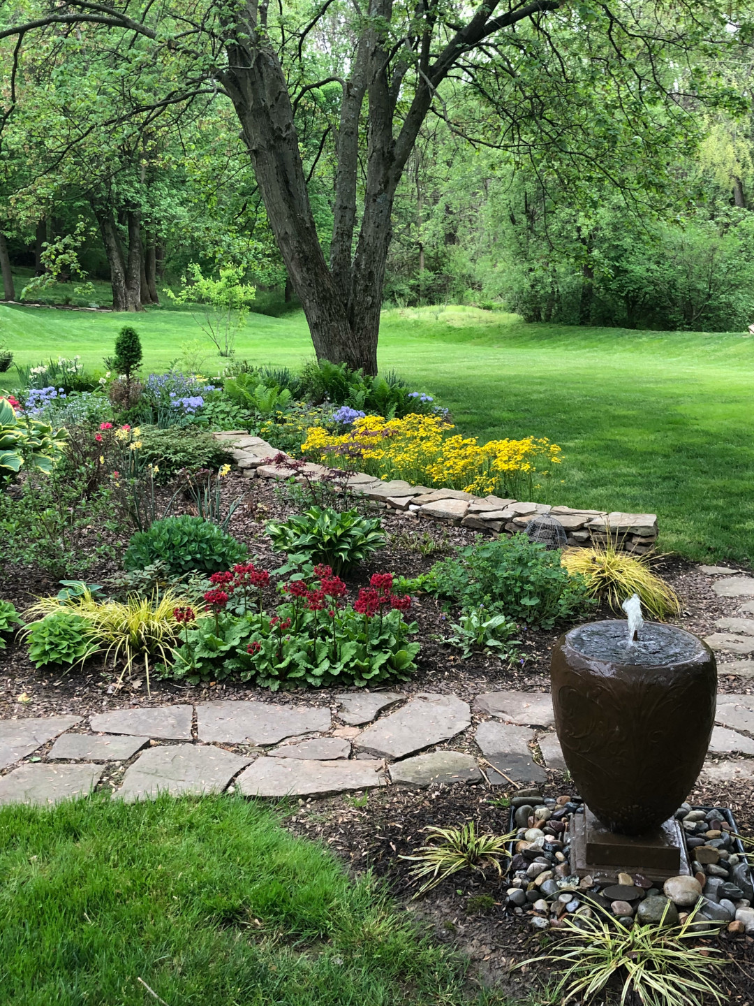 A wider view of the garden in spring, with all the fresh green of new foliage.