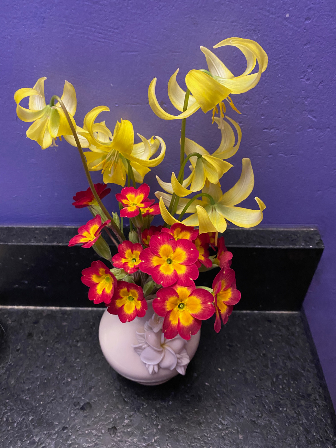 Dog tooth violets and red and yellow primrose in a vase