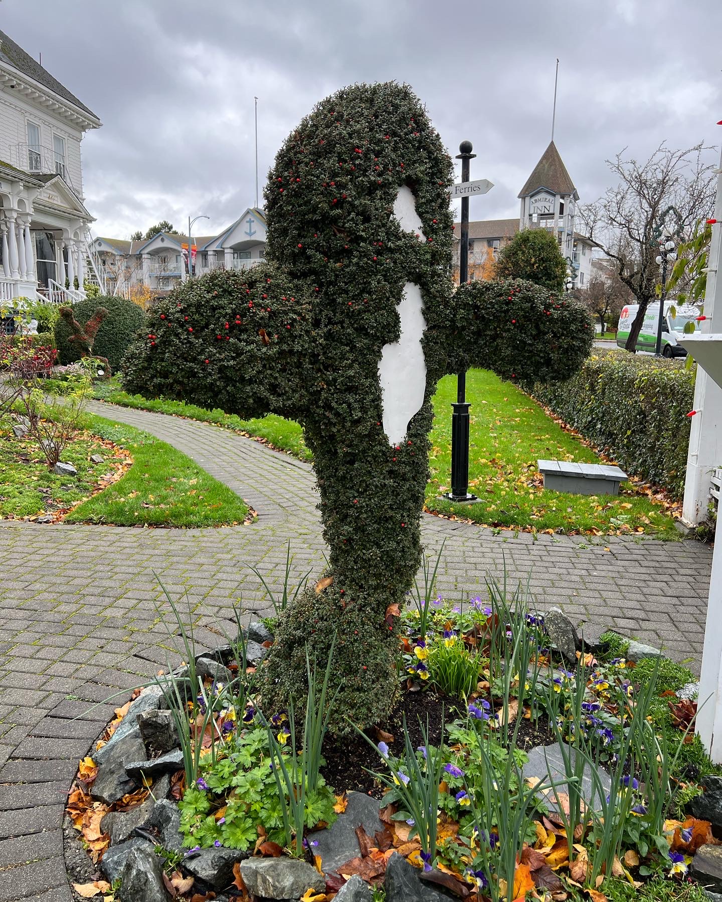 A topiary orca leaps out of the garden bed