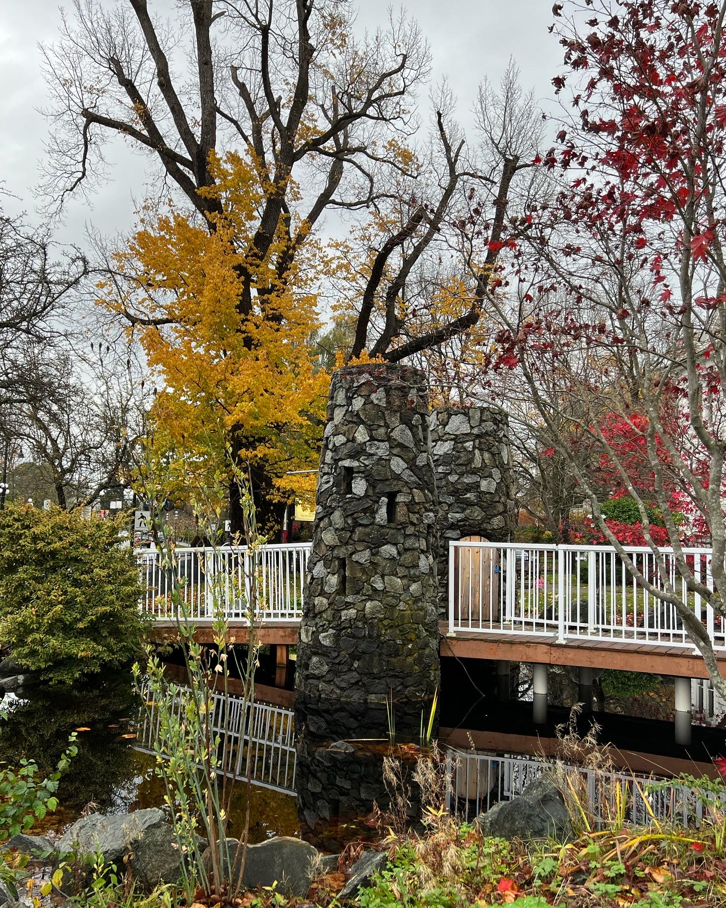 A bridge over the water feature, through the colors of fall foliage