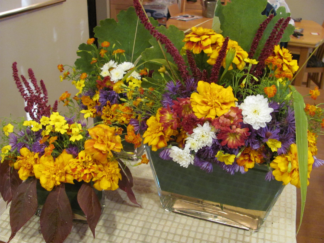 fall bouquets with yellow, orange, and purple flowers