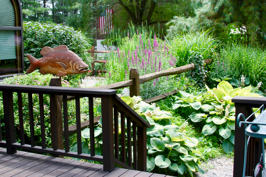 view of the garden from a porch