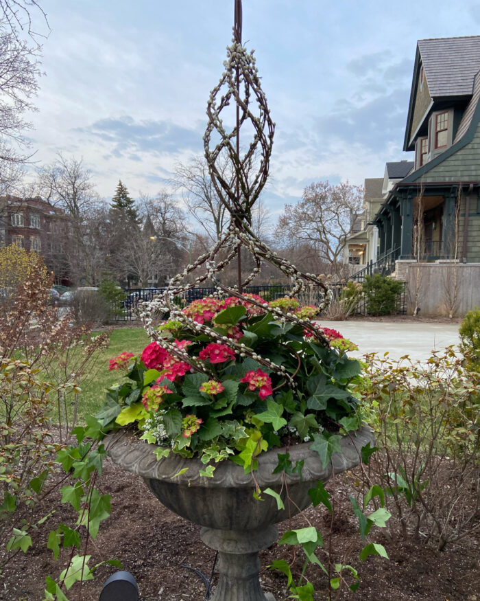 spring container planting with pussy willow stems twisted into a decorative structure