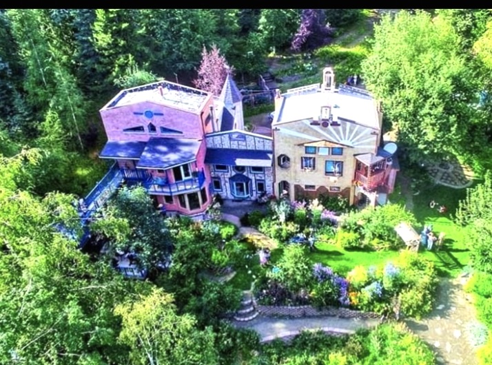 aerial view of unique house and large garden in Alaska