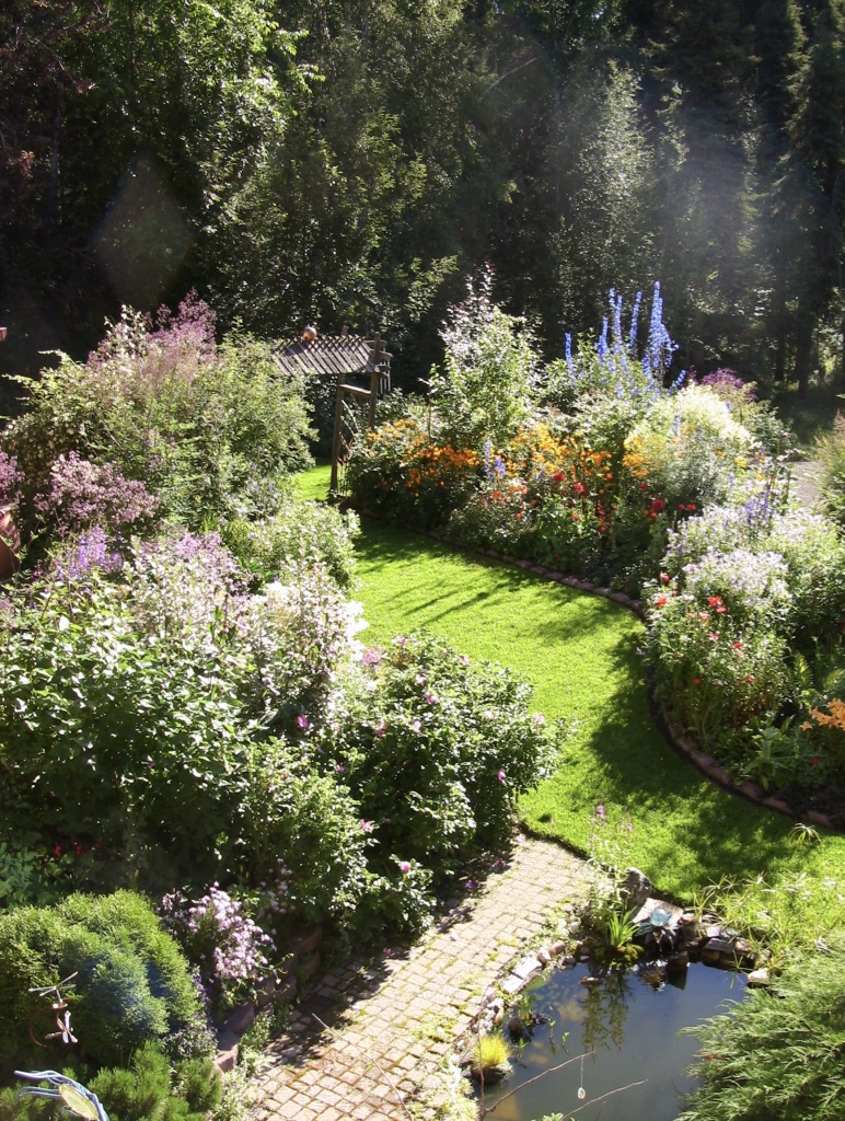 aerial view of garden beds and small garden pond