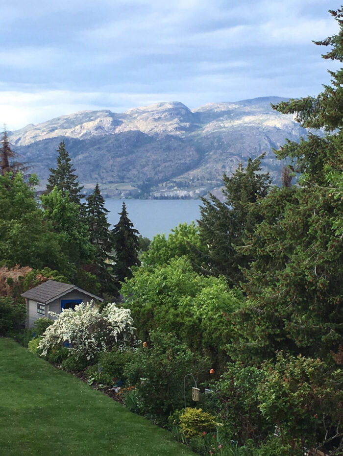 view of lake and mountains behind a garden lined by trees