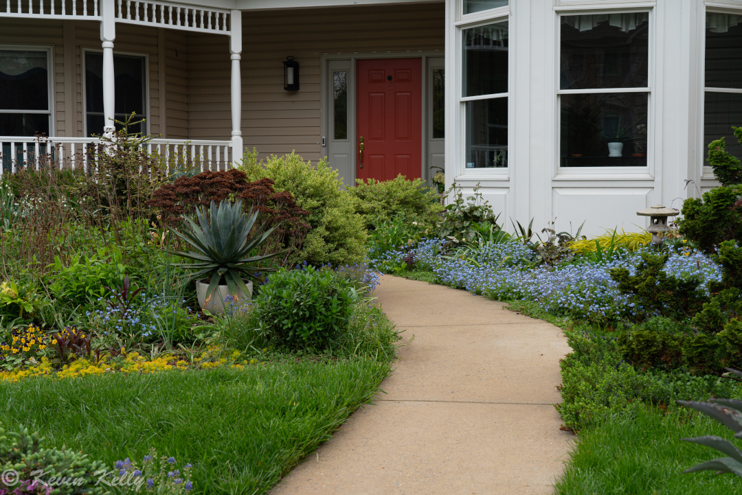 path and garden beds that lead to front door and porch