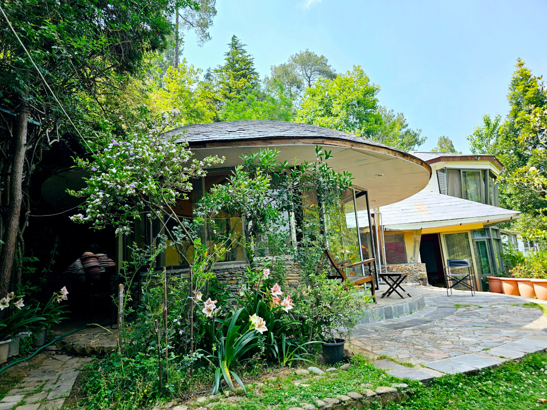 Casa con muchas ventanas y rodeada de muchos árboles.