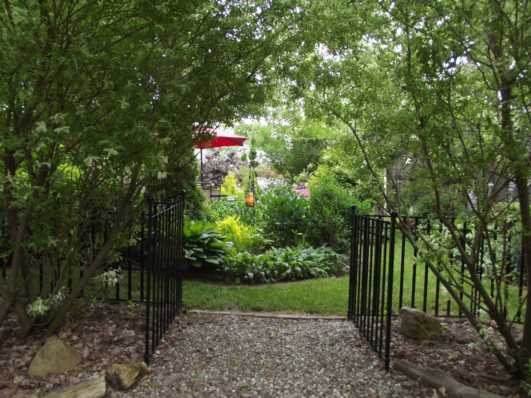 garden gate open to lush garden and patio