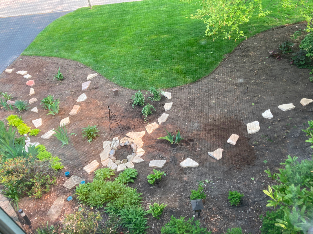 paths laid out in new garden bed before plantings