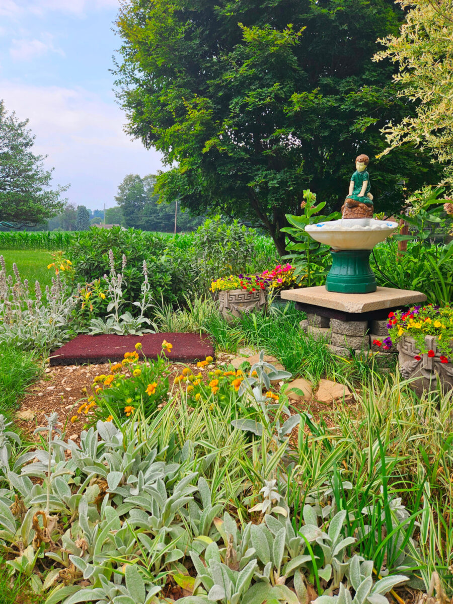 garden bed with small fountain and lots of flowers