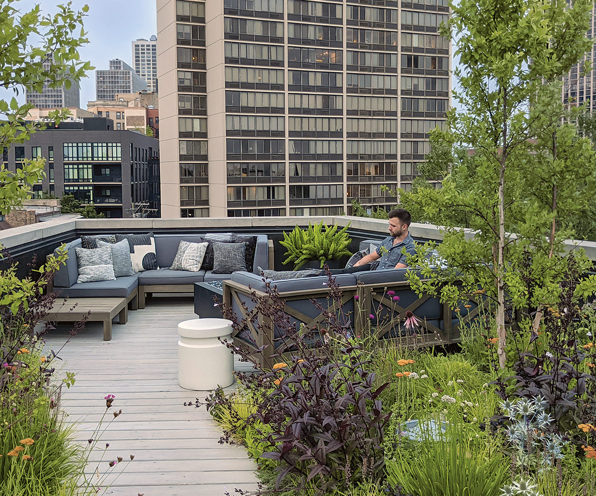 rooftop deck with seating area and pollinator garden