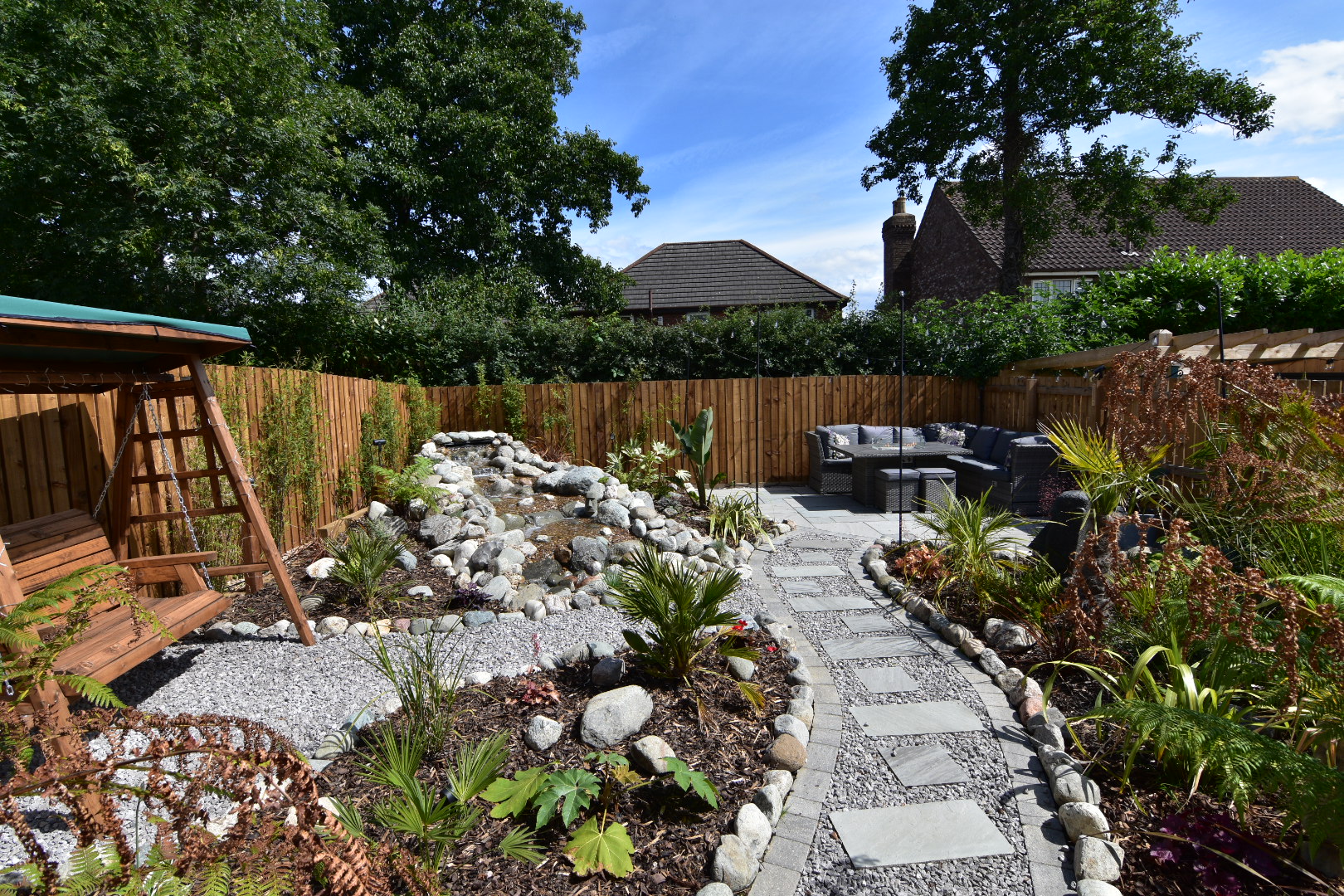 gravel and stone garden paths winding around small beds of tropical plants