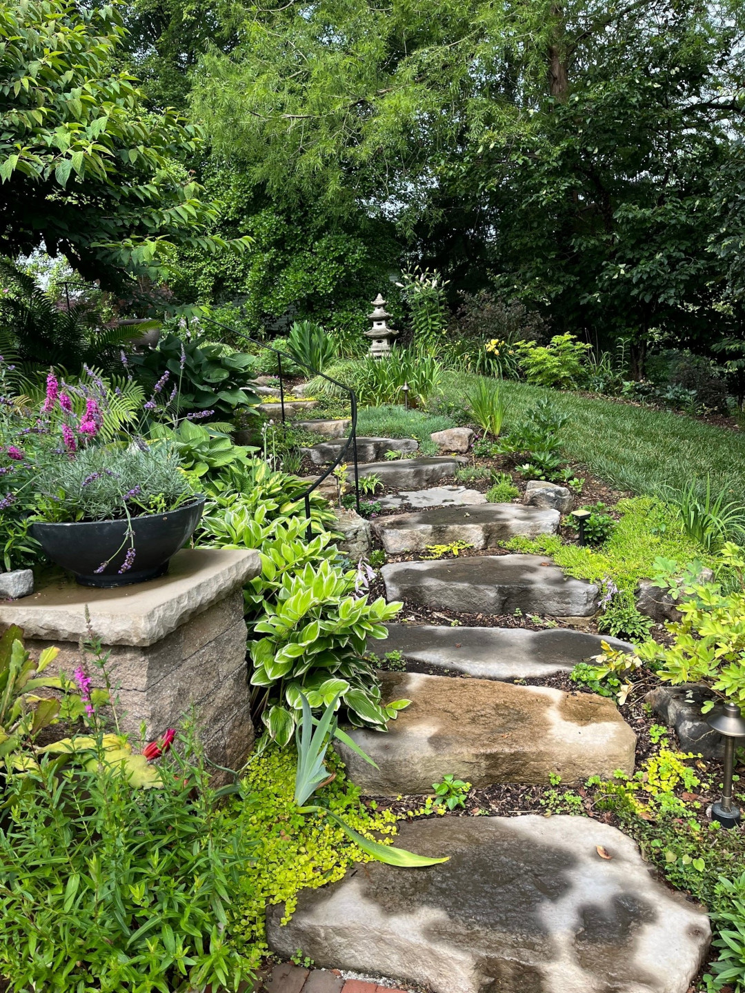 large stone steps leading through the garden with ground covers and container plantings