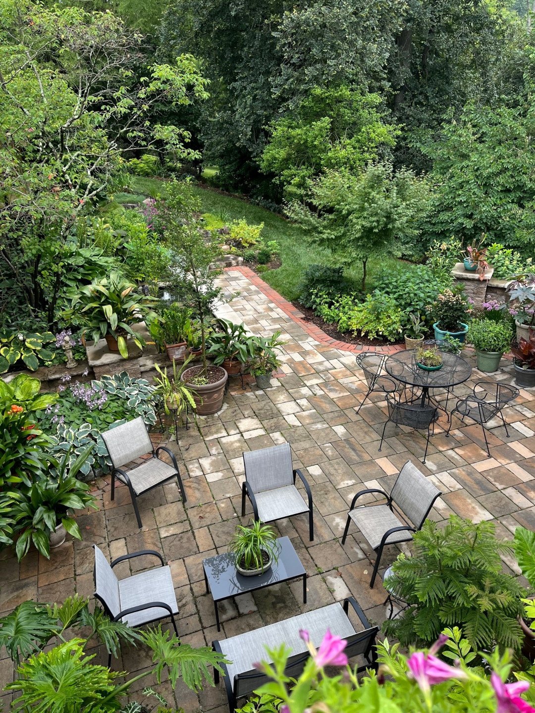 above view of garden patio with lots of container plantings