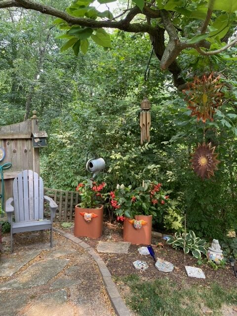 shady seating area in the garden with container plantings