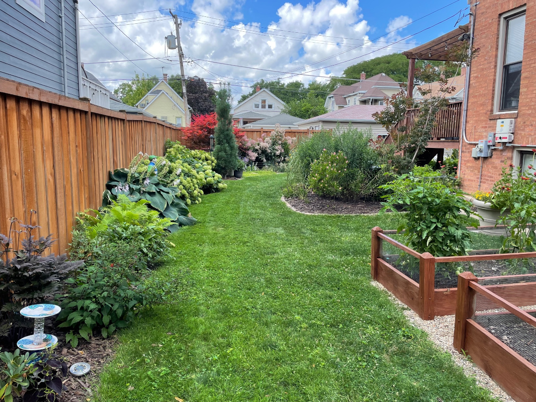 view of small garden with plants along fence and raised garden beds