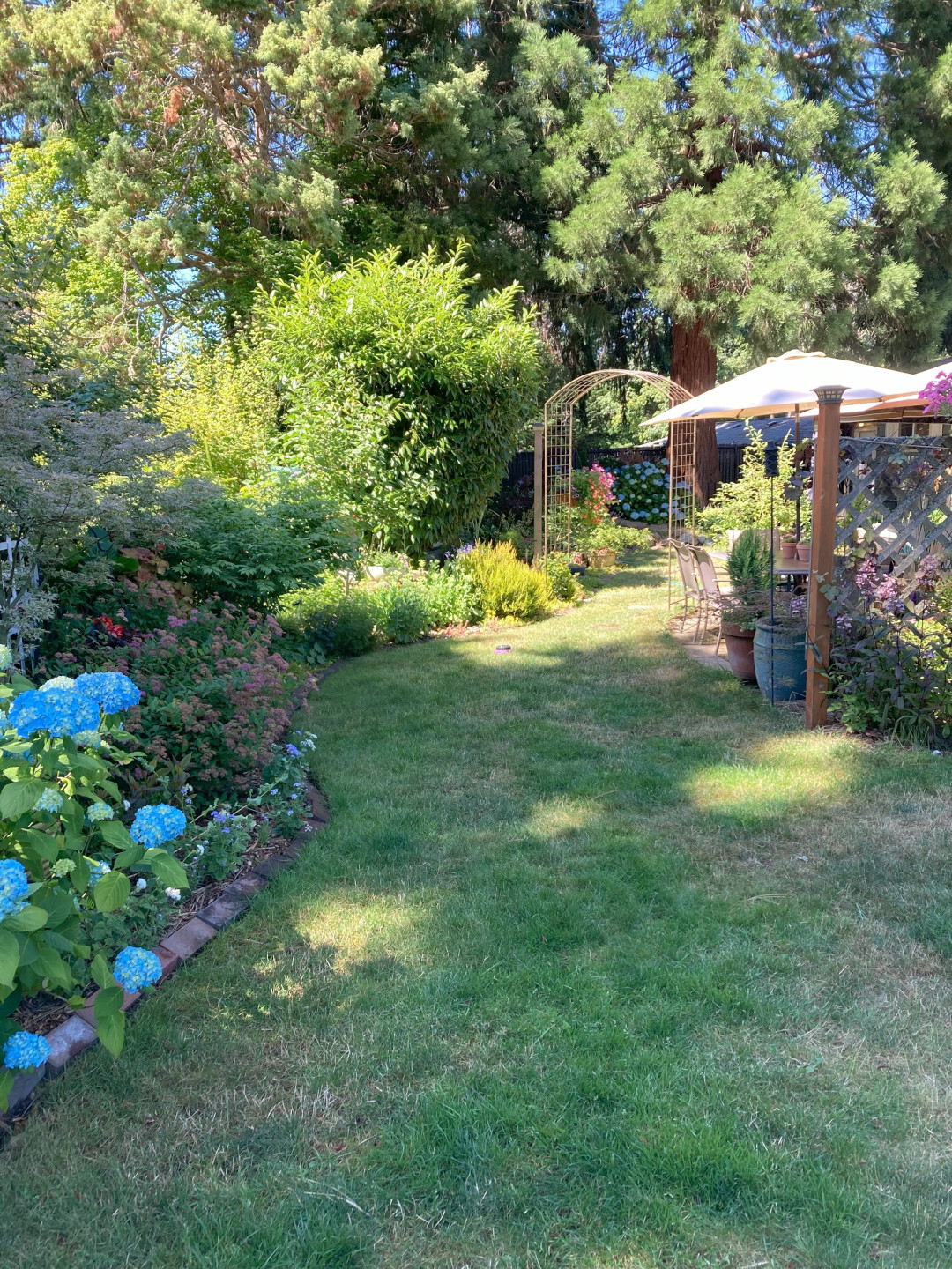 wide view of backyard with garden beds on left and patio on right