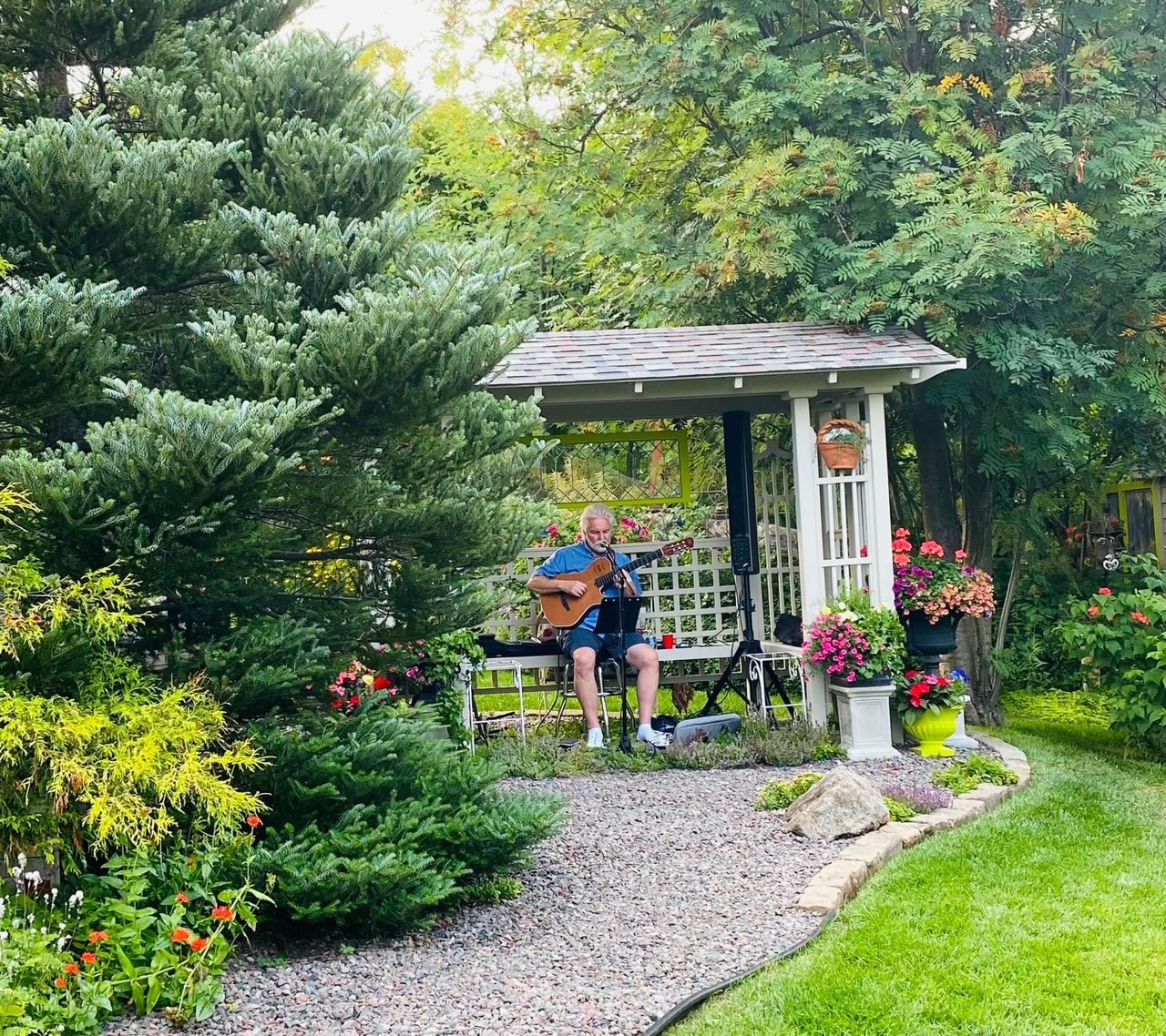 musician singing and playing guitar in garden gazebo