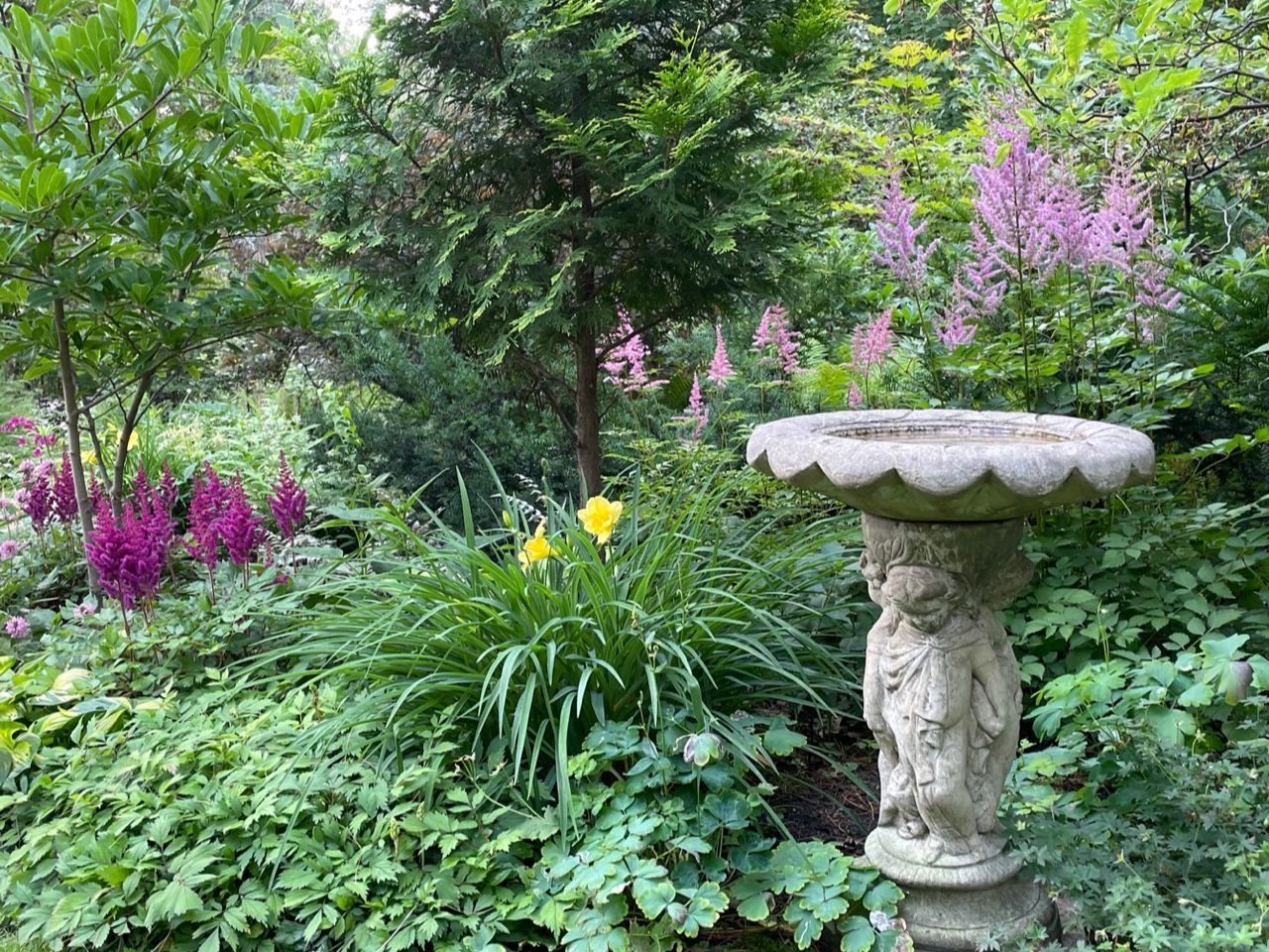 birdbath with pink and purple astilbes and yellow daylilies