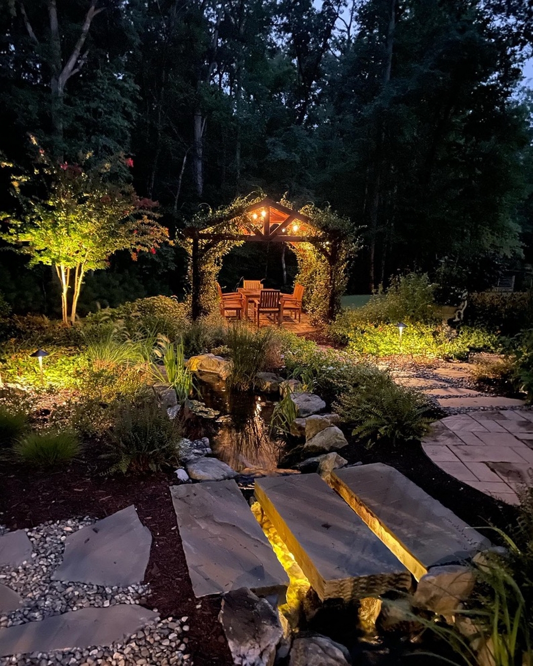 garden paths and patio illuminated at night