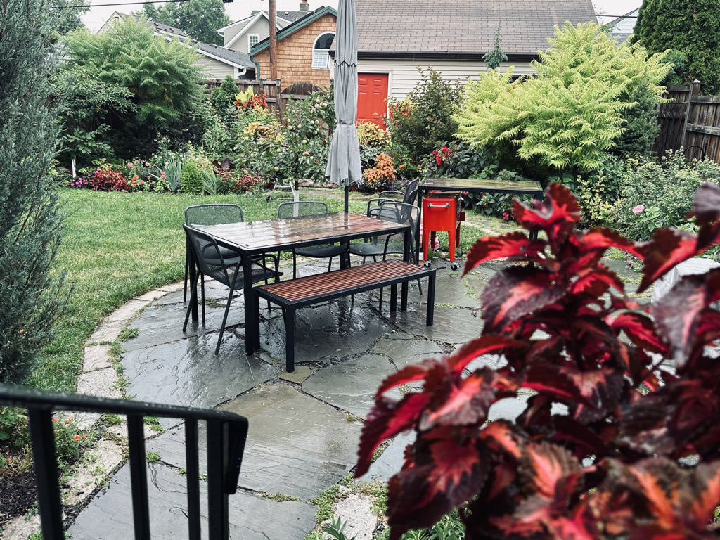 garden patio with red foliage in the foreground