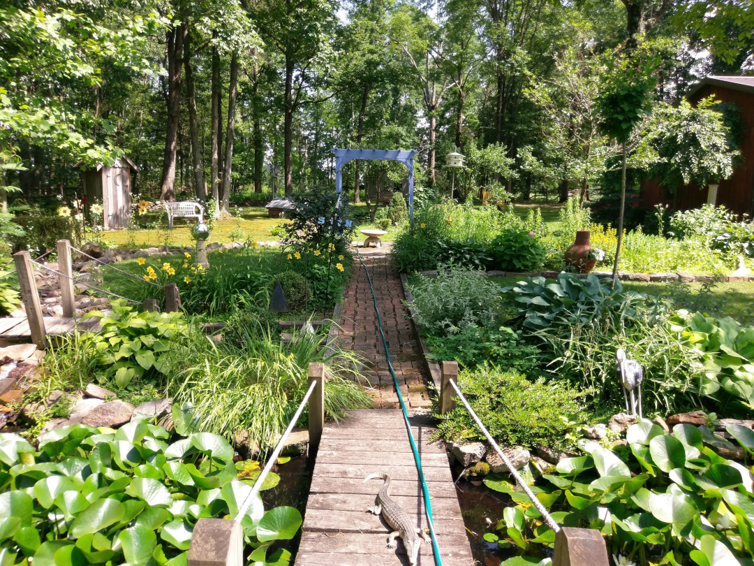 long garden path with bridge that cuts through garden beds and small pond