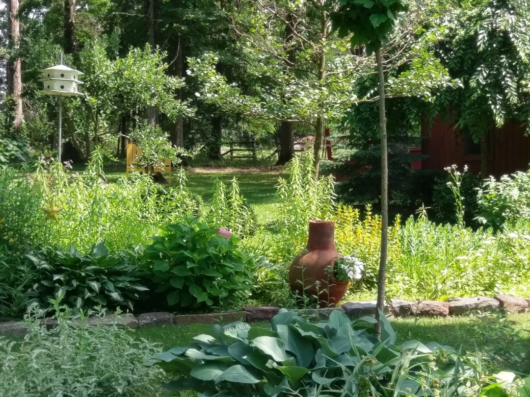 ceramic pot as a focal point in the lush green garden