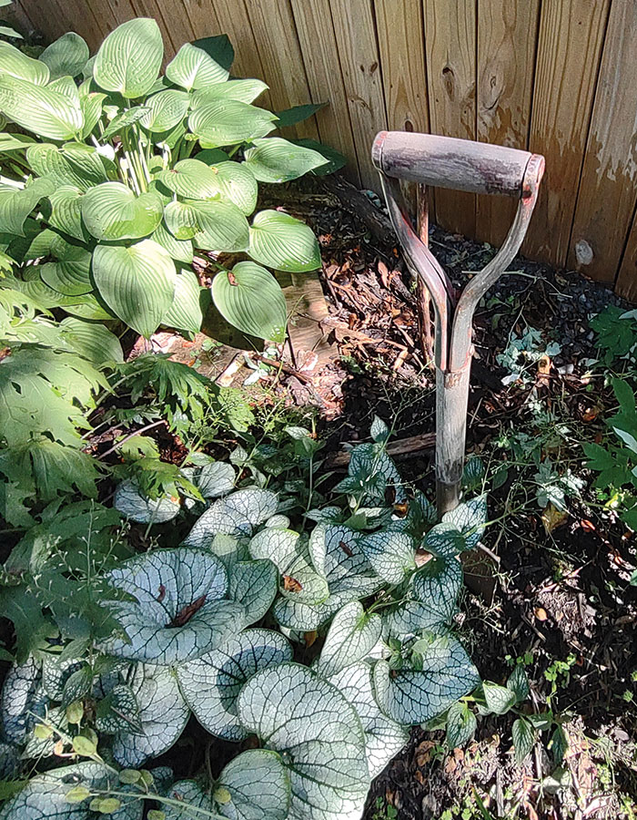 broken handle of garden tool stuck into a garden bed