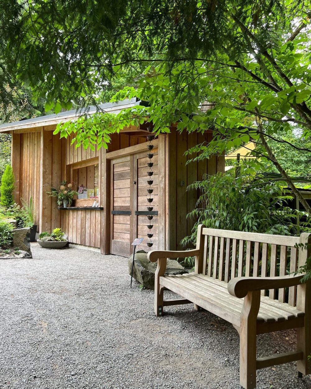 garden bench next to shed