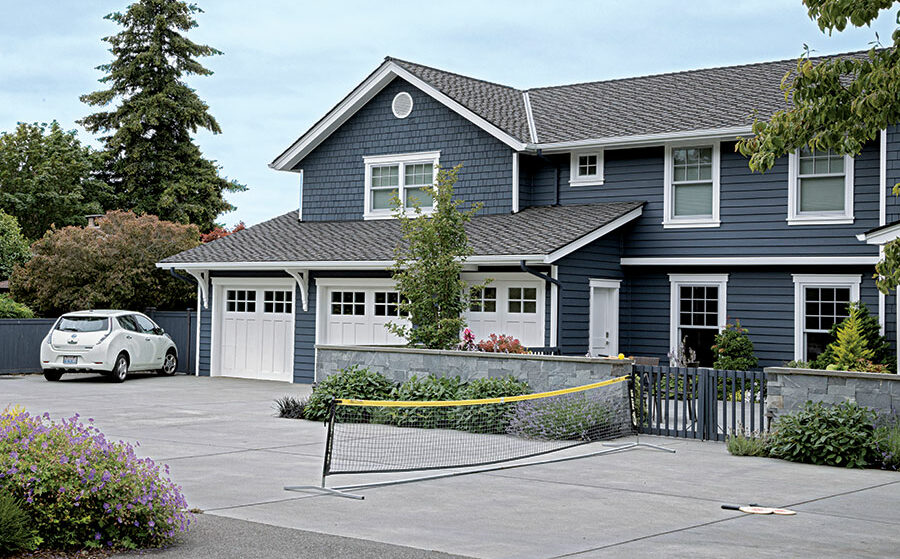 The driveway doubles as a recreational space