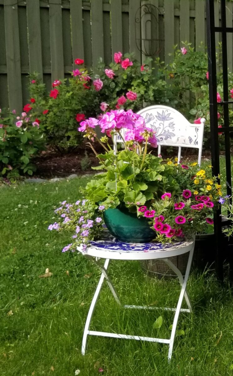 decorative garden chair holding a container with pink flowers