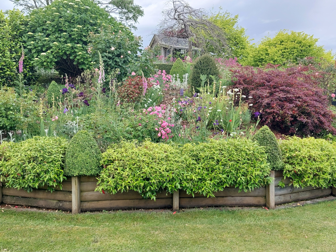 another sloped garden bed with shrubs and lots of pink flowers