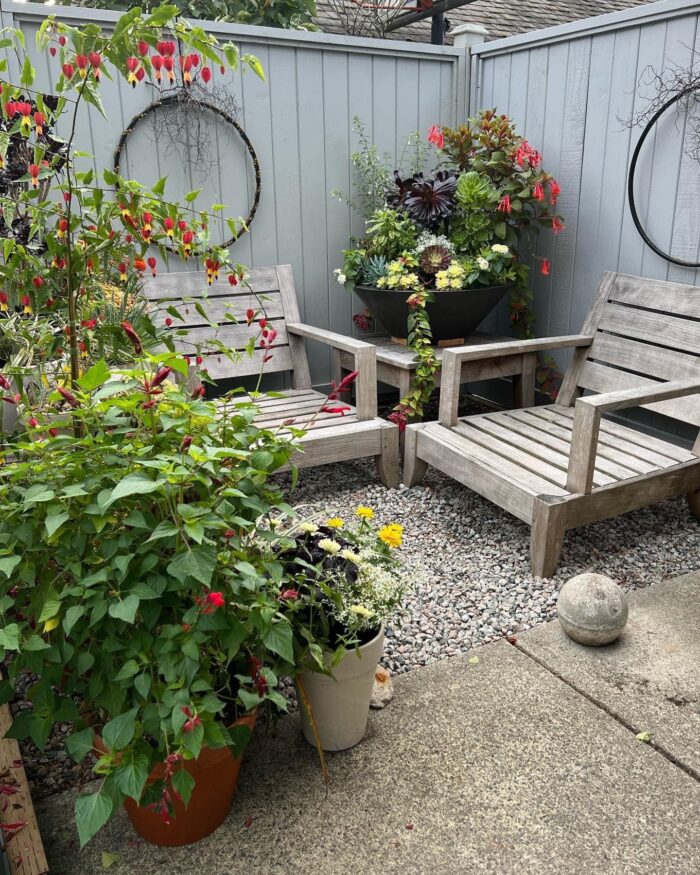 small gravel seating area surrounded by container plantings