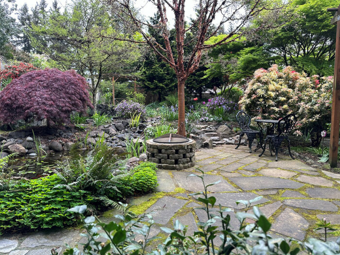 stone garden patio and pond surrounded by plants and